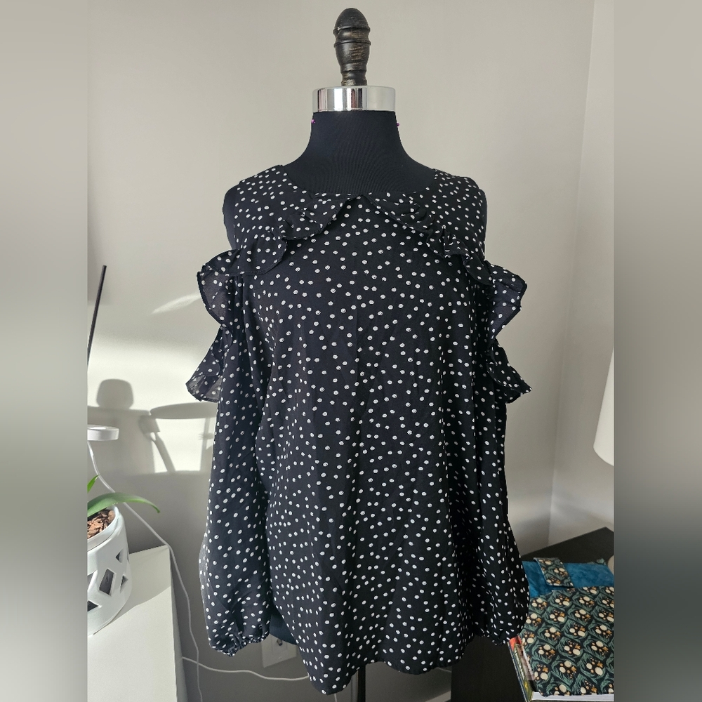 Living Doll Black and White Polka Dot Ruffle Cold Shoulders Blouse, M